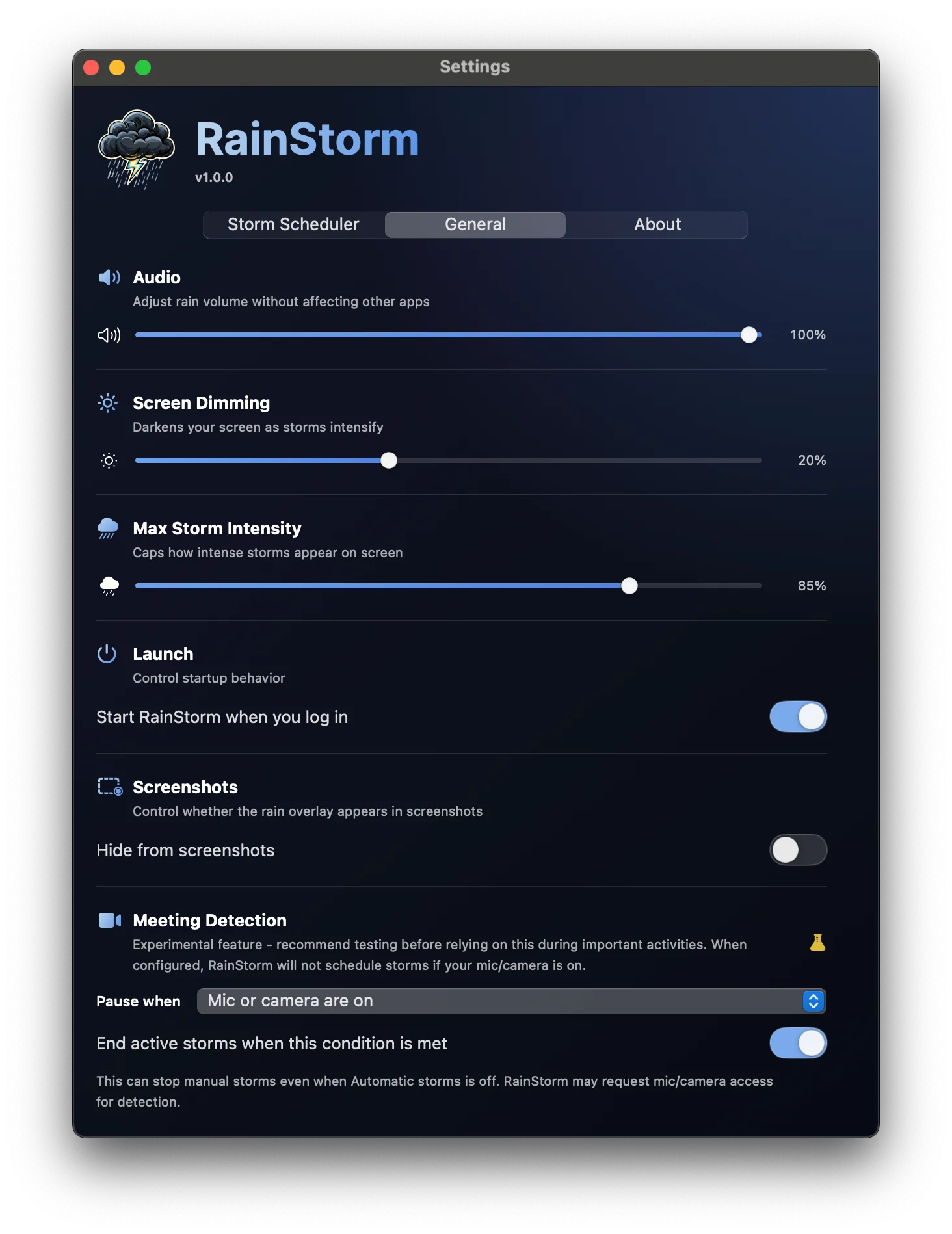 RainStorm Settings — General tab with Audio, Screen Dimming, Max Storm Intensity, Launch, Screenshots, and Meeting Detection controls
