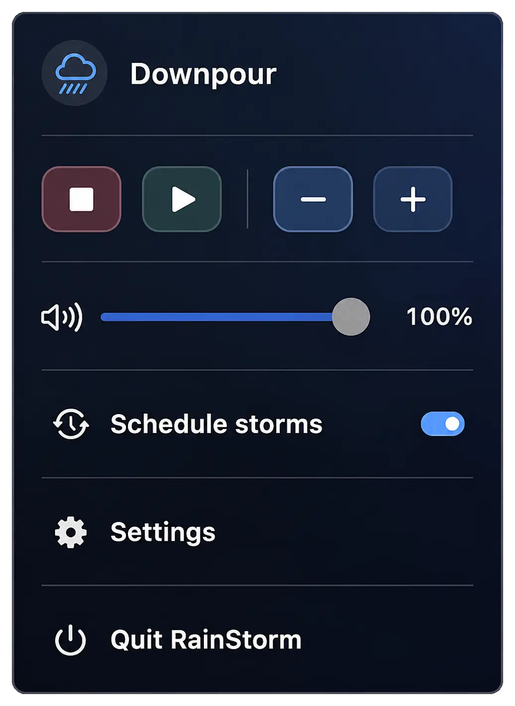 RainStorm menu bar popover with storm controls, volume, scheduler toggle, settings, and quit actions
